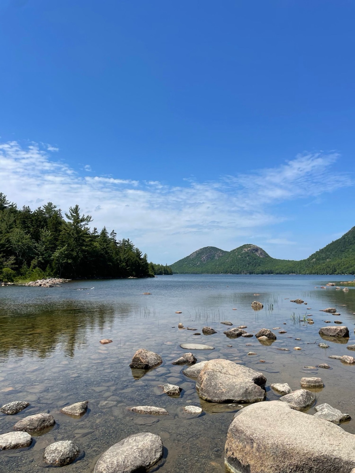 Rocky shoreline of a lake with forested hills in the distance